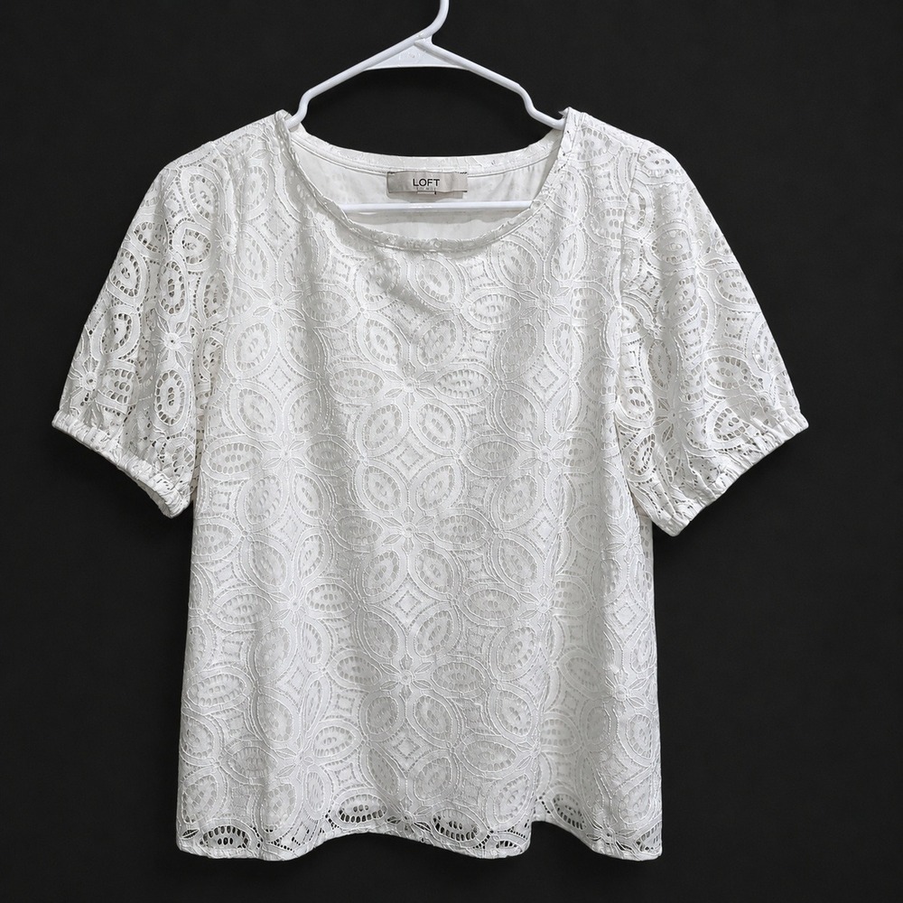 LOFT White Floral‎ Lace Puff Sleeve Blouse Scalloped Hem Top Womens Small